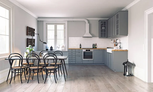 现代风格的设计厨房内饰 渲染概念 — 图库照片