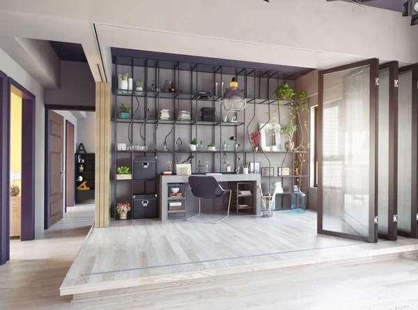 ホーム オフィス インテリアのパーティション ゾーンの創造的なデザイン デザイン コンセプト — ストック写真