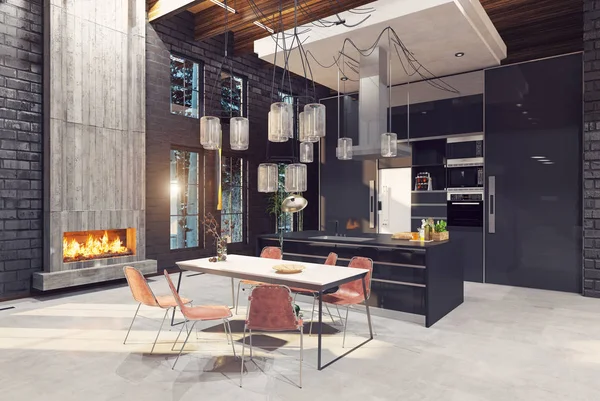 Moderne Luxe Keuken Interieur Ontwerp Concept Rendering — Stockfoto