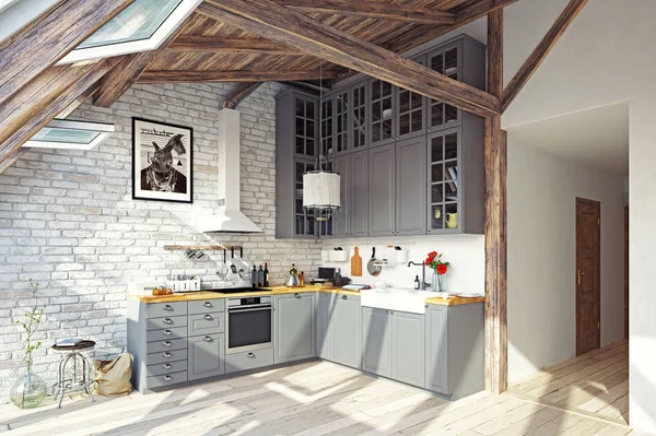 Moderne Zolder Keuken Interieur Rendering Ontwerpconcept — Stockfoto