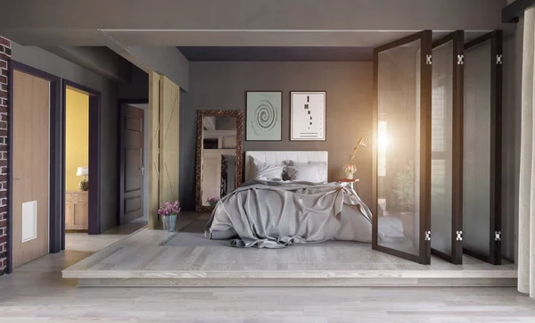 Moderne Slaapkamer Interieur Zone Partitie Concept Rendering — Stockfoto