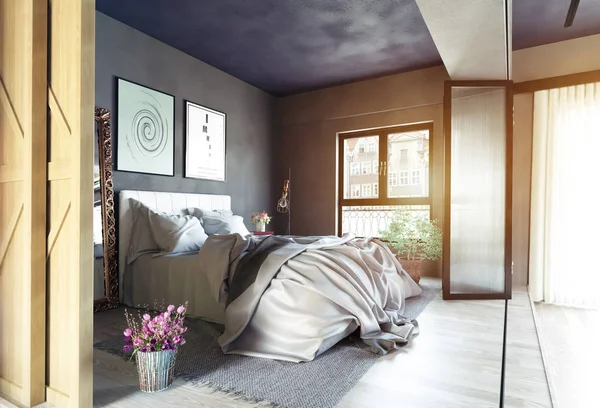 Moderne Slaapkamer Interieur Zone Partitie Concept Rendering — Stockfoto