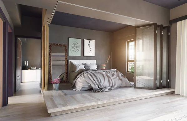 Moderne Slaapkamer Interieur Zone Partitie Concept Rendering — Stockfoto