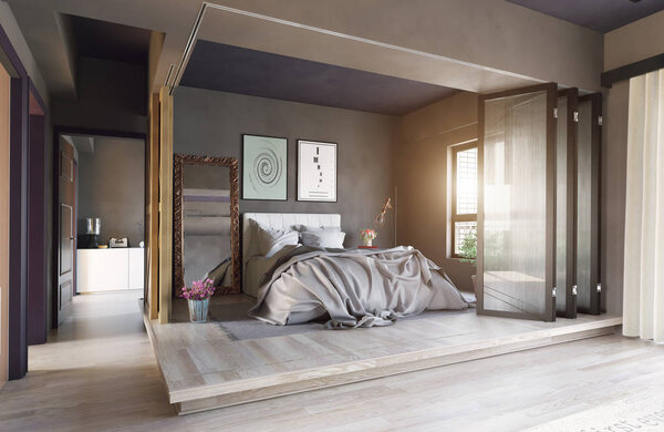 modern bedroom interior zone partition concept. 3d rendering