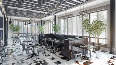modern restoran iç tasarım. 3D render kavramı