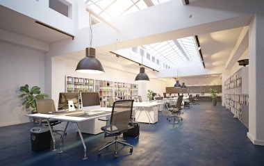 Modern loft alan ofis iç. 3D render tasarım konsepti