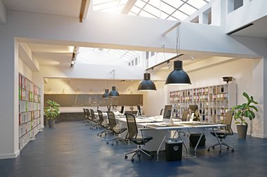 Modern loft alan ofis iç. 3D render tasarım konsepti