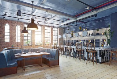 modern restoran iç tasarım. 3D render kavramı