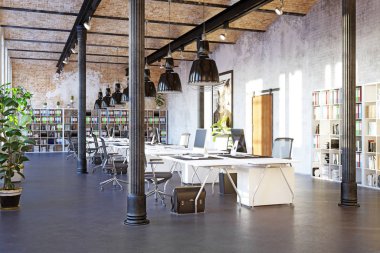 Modern loft alan ofis iç. 3D render tasarım konsepti
