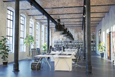 Modern loft alan ofis iç. 3D render tasarım konsepti