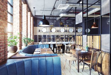 modern restoran iç tasarım. 3D render kavramı