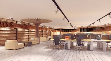 modern ofis iç. 3D render tasarım konsepti
