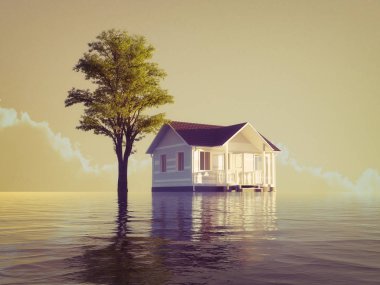 Bina ve su sel ağaç. 3D render kavramı