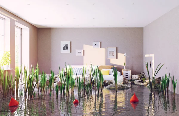 Flooding Living Room Creative Concept Rendering — Stock Photo, Image