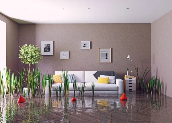 Översvämningar Vardagsrum Rendering Genom Kreativa Koncept — Stockfoto