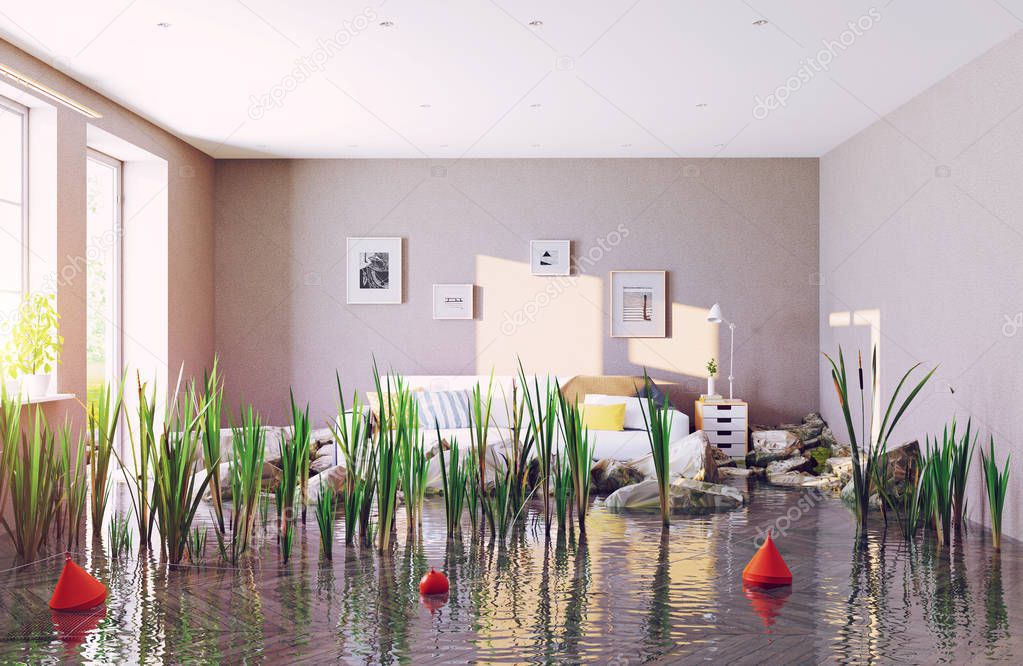 flooding living room. 3d creative concept rendering
