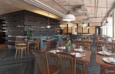 modern restoran iç tasarım. 3D render kavramı