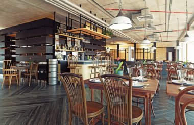 modern restoran iç tasarım. 3D render kavramı
