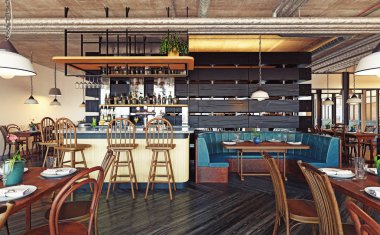 modern restoran iç tasarım. 3D render kavramı