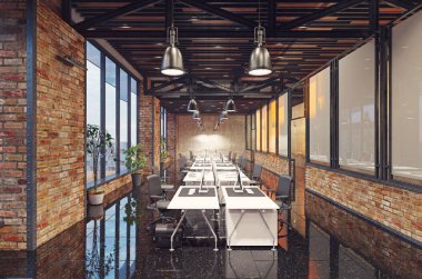 Modern loft alan ofis iç. 3D render tasarım konsepti