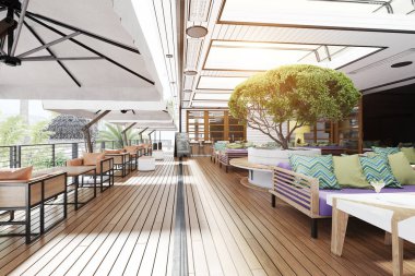 Modern teras kafe sahilde. 3D render tasarım konsepti