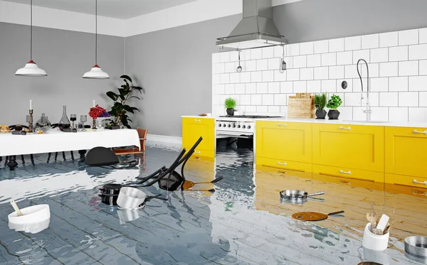 Inundação Interior Cozinha Conceito Renderização — Fotografia de Stock