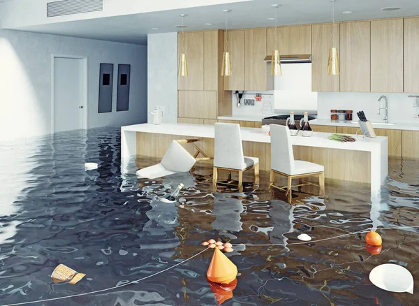 Inundação Interior Cozinha Conceito Renderização — Fotografia de Stock