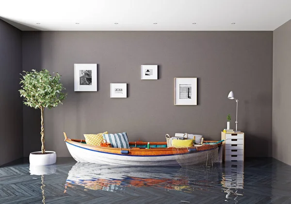 Boat Sofa Flooding Interior Creative Concept Rendering — Stock Photo, Image