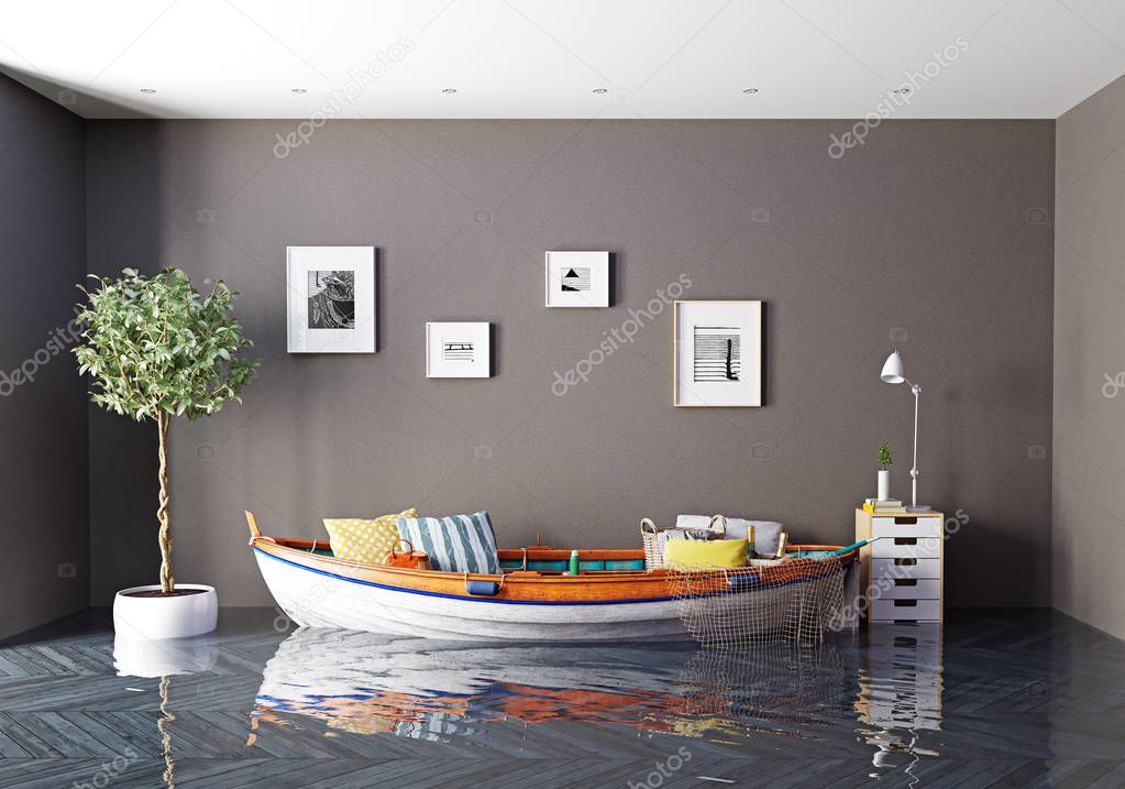 the boat as a sofa in flooding interior. Creative concept. 3d rendering