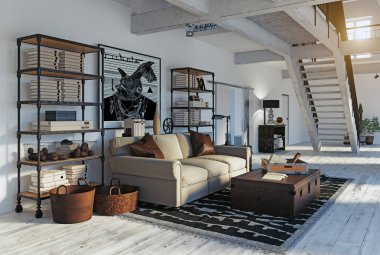 modern oturma odası iç. Yaşam tasarım stili. 3D render