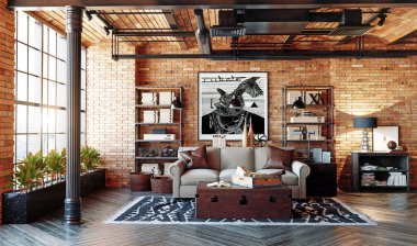 modern çatı katında salon iç. Yaşam tasarım stili. 3D render