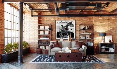 modern loft living room interior. Living design style. 3d rendering clipart