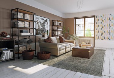 modern oturma odası iç. Yaşam tasarım stili. 3D render