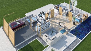 Modern ev duvarları olmadan. 3D render kavramı