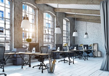 Modern loft alan ofis iç. 3D render tasarım konsepti
