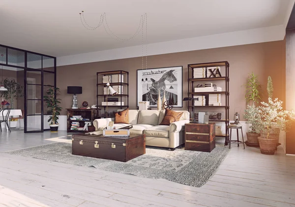 Moderno Salón Interior Estilo Diseño Vivo Renderizado — Foto de Stock