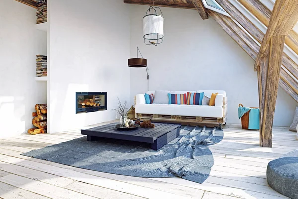 屋根裏部屋のモダンなインテリア デザイン レンダリング概念 — ストック写真