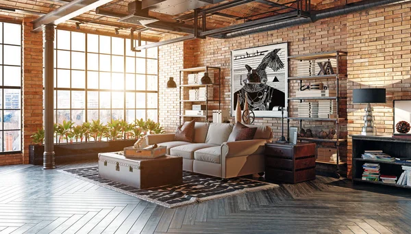 Moderno Loft Salón Interior Estilo Diseño Vivo Renderizado —  Fotos de Stock