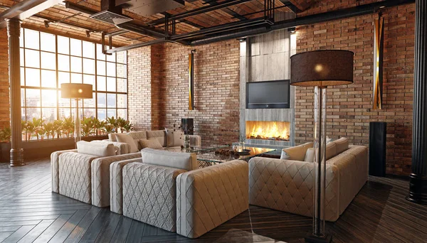 Interior Lujo Con Chimenea Concepto Diseño Renderizado — Foto de Stock