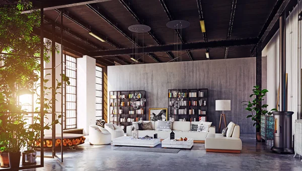 Moderno Loft Salón Interior Concepto Diseño Renderizado — Foto de Stock