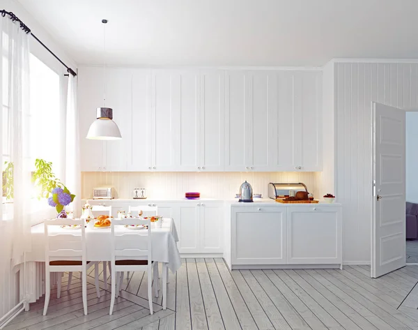 モダンな居心地の良いキッチン インテリア レンダリング デザイン コンセプト — ストック写真