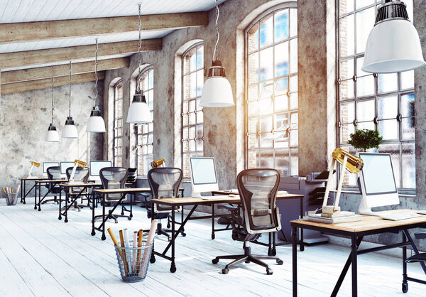 современный офисный интерьер лофт. Концепция 3D рендеринга
