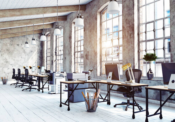 современный офисный интерьер лофт. Концепция 3D рендеринга
