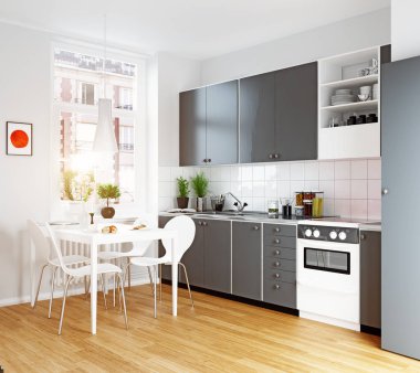 Modern rahat mutfak iç. 3D render tasarım konsepti
