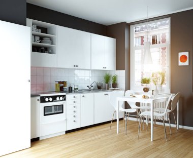 Modern rahat mutfak iç. 3D render tasarım konsepti