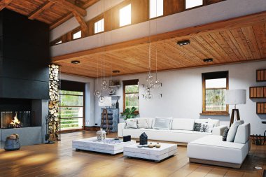 Modern chalet iç tasarım. 3D render