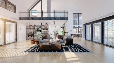 Modern ev iç. 3D render tasarım