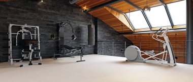 ev jimnastik salonu oda tavan arasında. 3D render tasarım konsepti