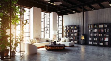 modern çatı katında salon iç. 3D render tasarım konsepti