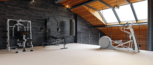 home gym room in the attic. 3d rendering design concept